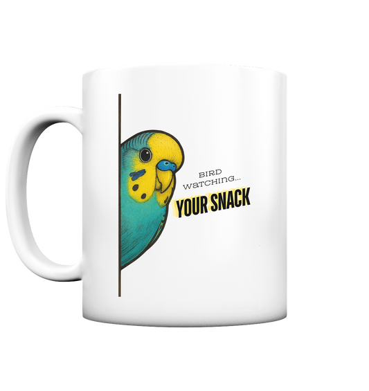 Bird Watching… YOUR SNACK – Wellensittich Tasse Gelb-Grün - Tasse matt