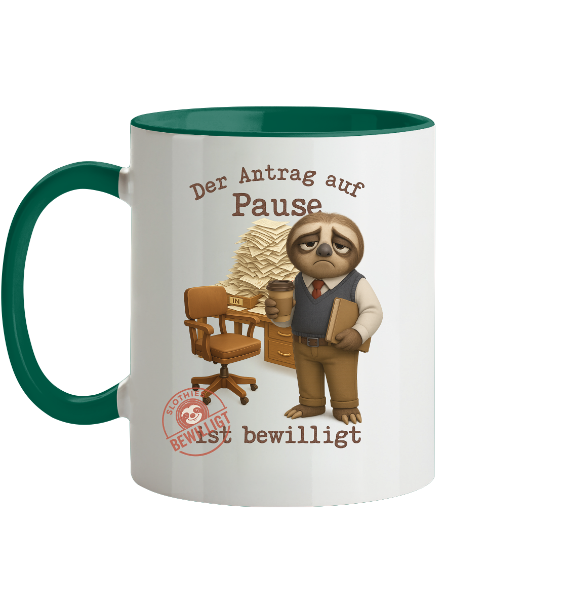 Slothies - „Antrag auf Pause – Bewilligt“ - Herr | Faultier-Design für Bürohelden & Beamte - Tasse zweifarbig