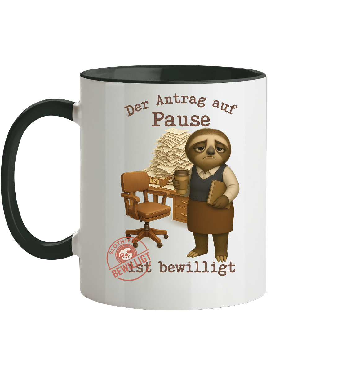 Slothies - „Antrag auf Pause – Bewilligt“ - Frau | Faultier-Design für Bürohelden & Beamte - Tasse zweifarbig