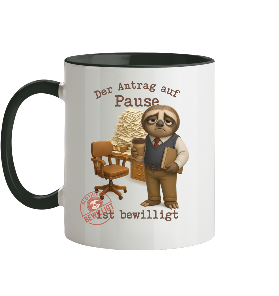 Slothies - „Antrag auf Pause – Bewilligt“ - Herr | Faultier-Design für Bürohelden & Beamte - Tasse zweifarbig