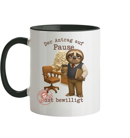 Slothies - „Antrag auf Pause – Bewilligt“ - Herr | Faultier-Design für Bürohelden & Beamte - Tasse zweifarbig
