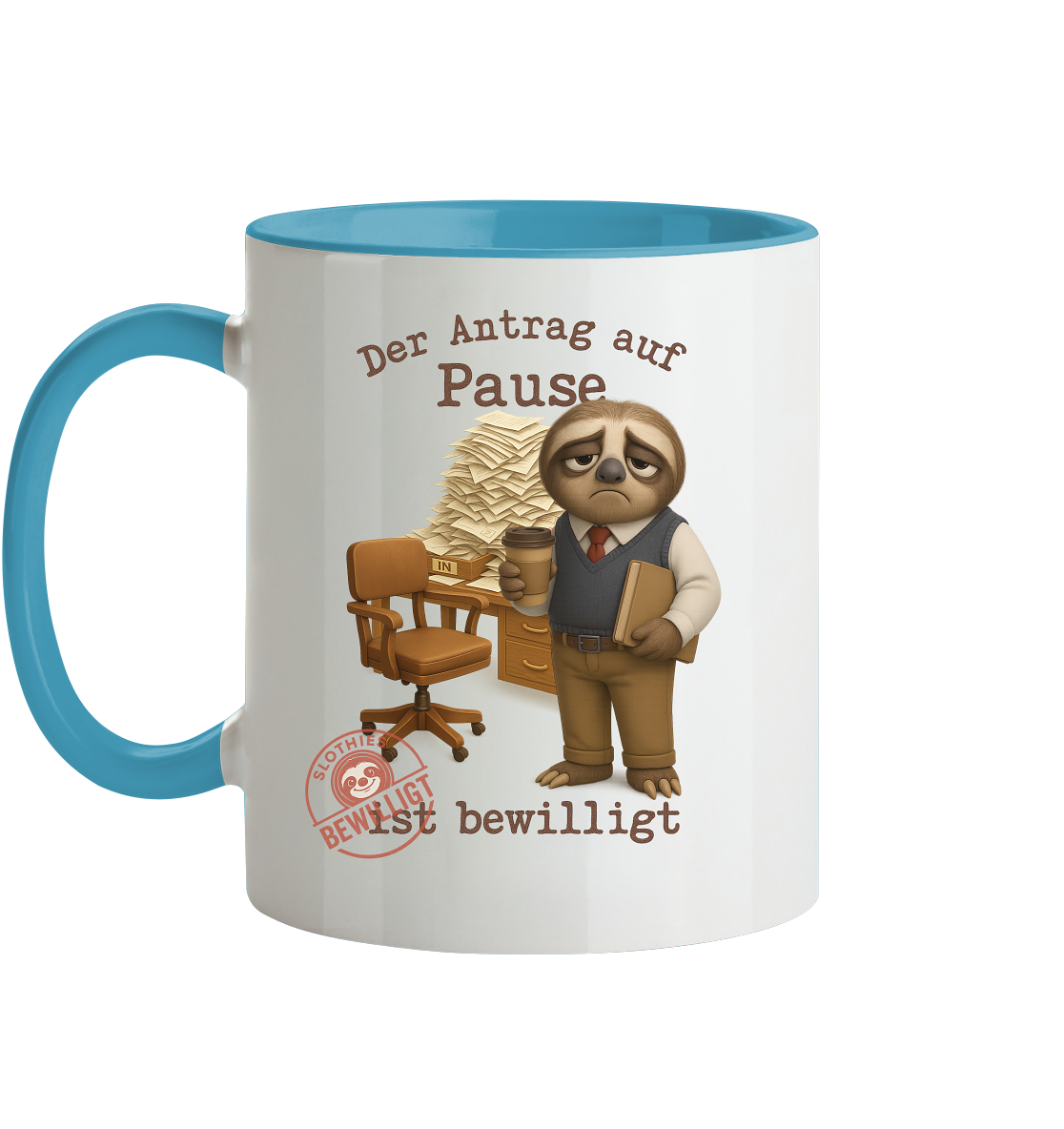Slothies - „Antrag auf Pause – Bewilligt“ - Herr | Faultier-Design für Bürohelden & Beamte - Tasse zweifarbig