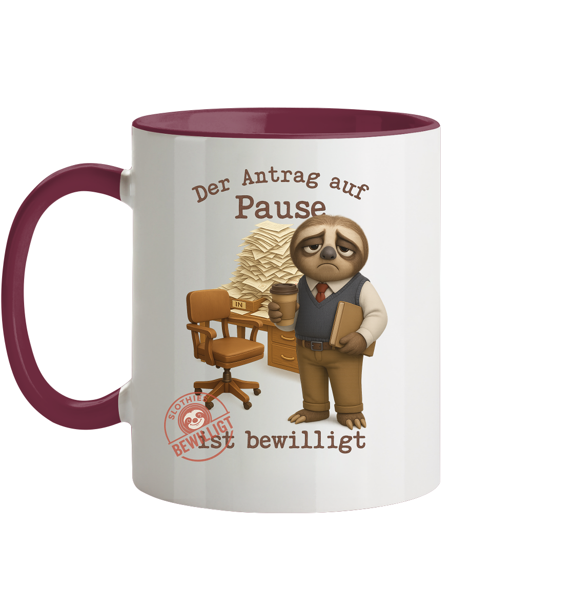 Slothies - „Antrag auf Pause – Bewilligt“ - Herr | Faultier-Design für Bürohelden & Beamte - Tasse zweifarbig