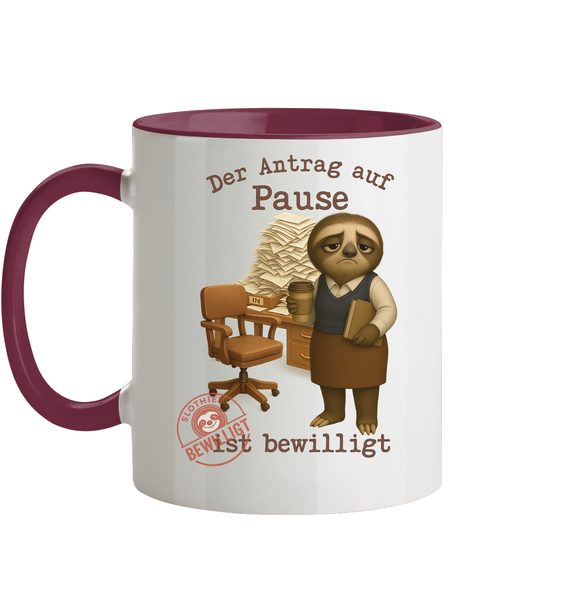Slothies - „Antrag auf Pause – Bewilligt“ - Frau | Faultier-Design für Bürohelden & Beamte - Tasse zweifarbig