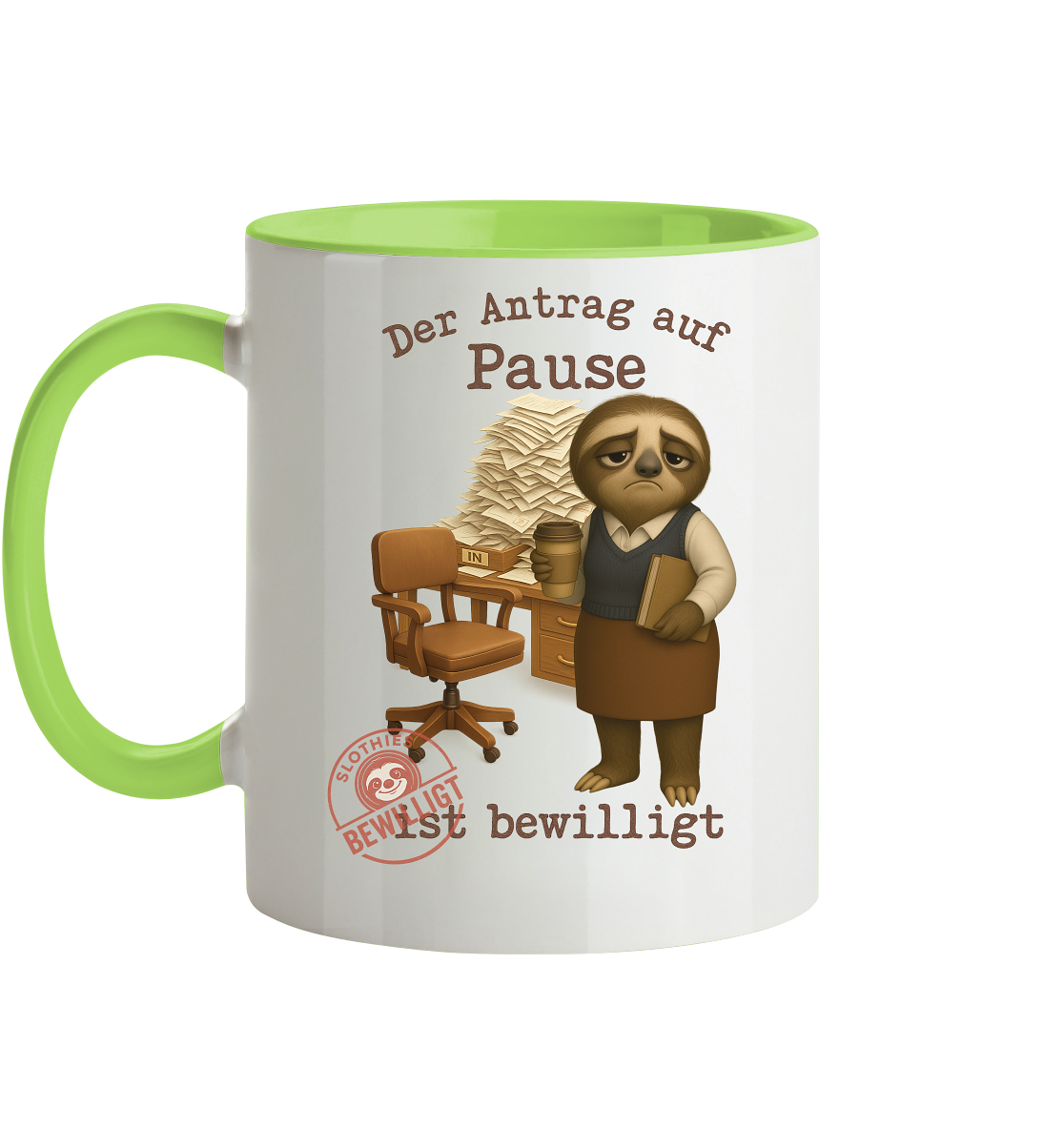 Slothies - „Antrag auf Pause – Bewilligt“ - Frau | Faultier-Design für Bürohelden & Beamte - Tasse zweifarbig