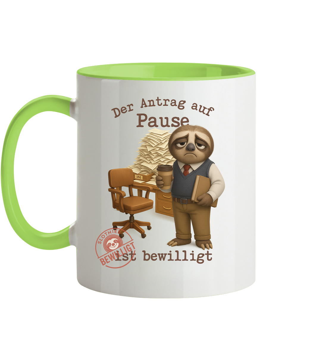 Slothies - „Antrag auf Pause – Bewilligt“ - Herr | Faultier-Design für Bürohelden & Beamte - Tasse zweifarbig