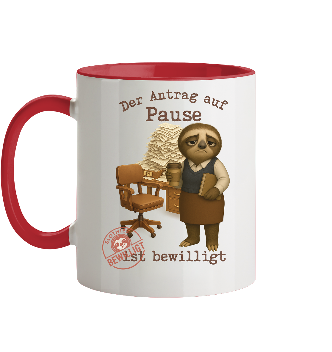 Slothies - „Antrag auf Pause – Bewilligt“ - Frau | Faultier-Design für Bürohelden & Beamte - Tasse zweifarbig