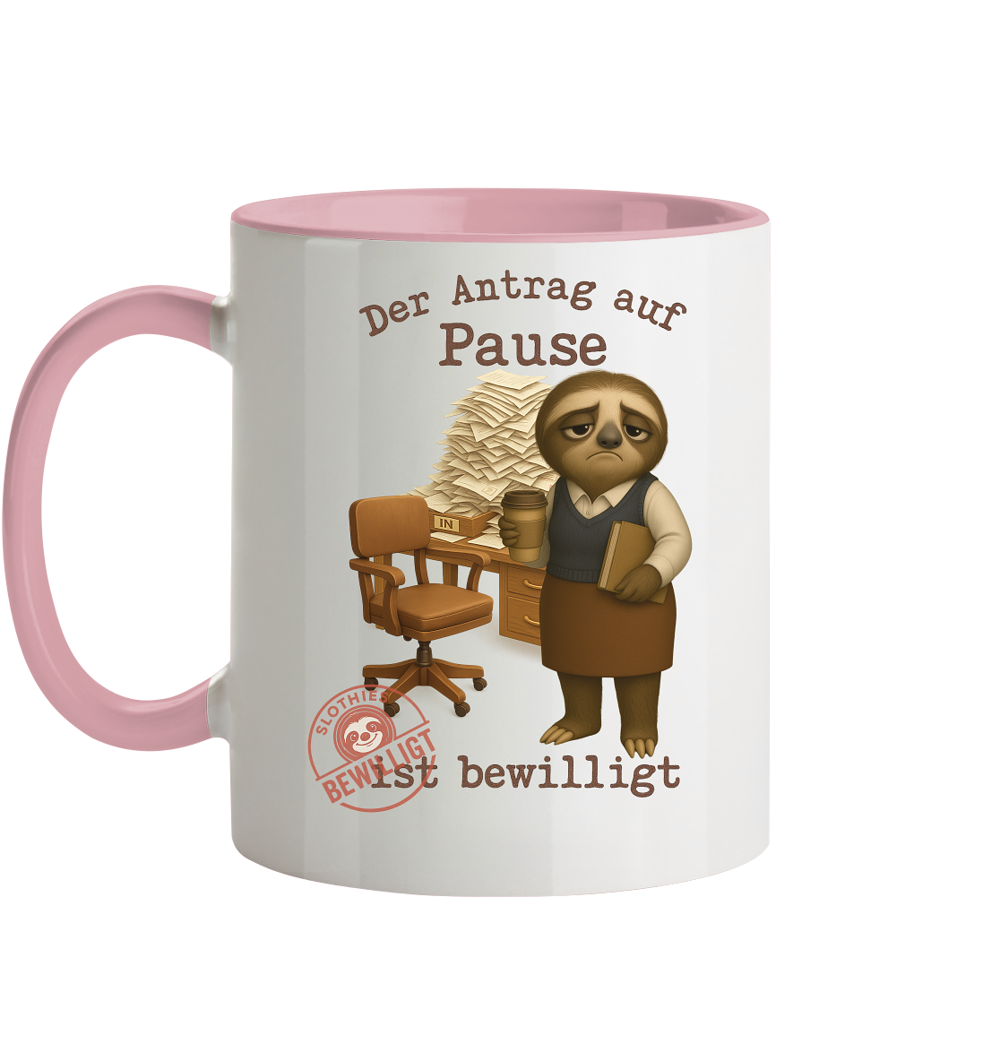 Slothies - „Antrag auf Pause – Bewilligt“ - Frau | Faultier-Design für Bürohelden & Beamte - Tasse zweifarbig