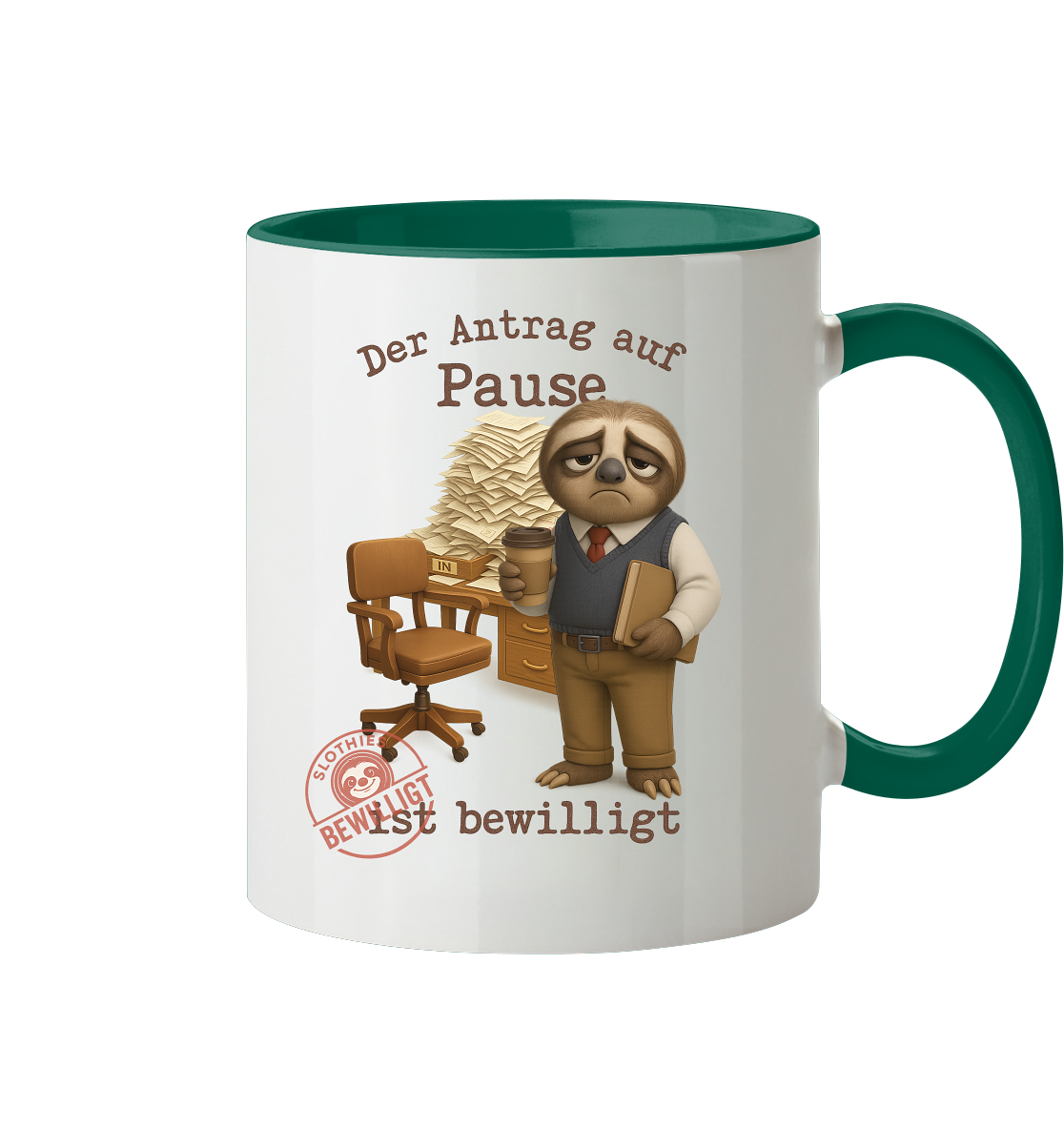 Slothies - „Antrag auf Pause – Bewilligt“ - Herr | Faultier-Design für Bürohelden & Beamte - Tasse zweifarbig
