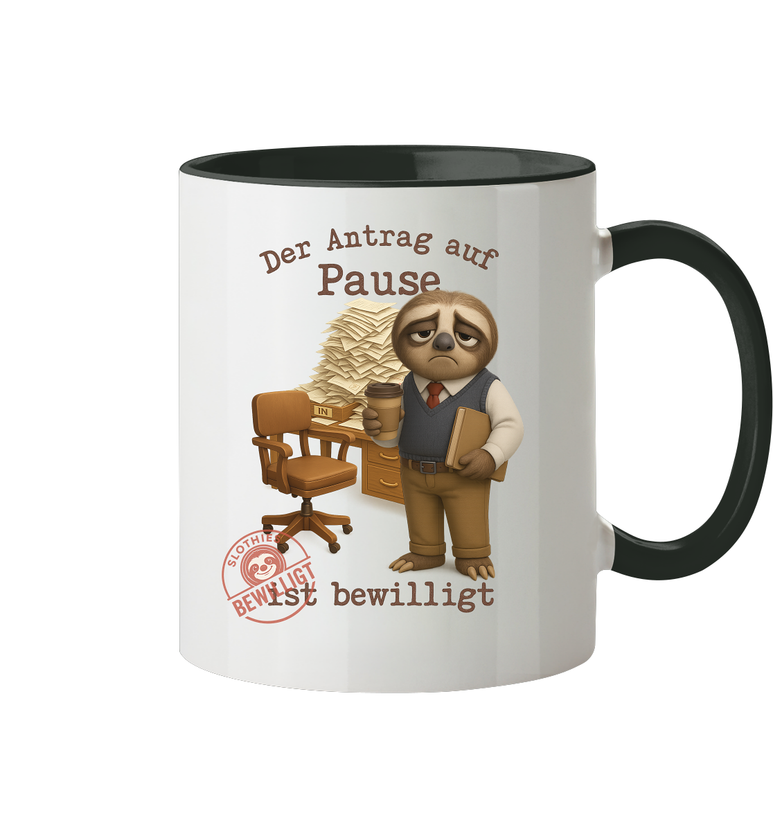 Slothies - „Antrag auf Pause – Bewilligt“ - Herr | Faultier-Design für Bürohelden & Beamte - Tasse zweifarbig