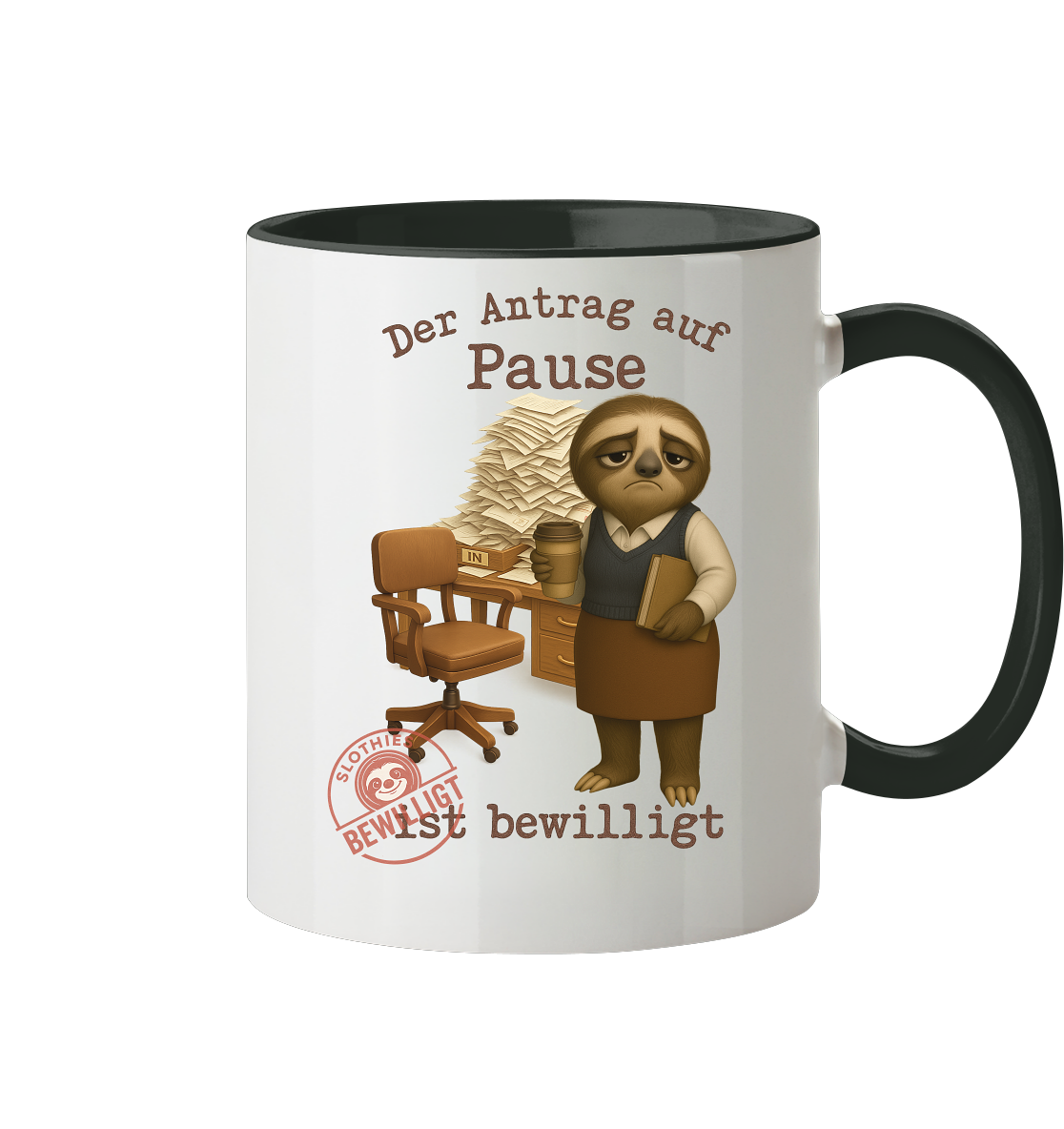 Slothies - „Antrag auf Pause – Bewilligt“ - Frau | Faultier-Design für Bürohelden & Beamte - Tasse zweifarbig