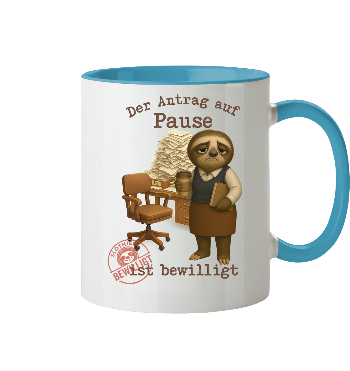 Slothies - „Antrag auf Pause – Bewilligt“ - Frau | Faultier-Design für Bürohelden & Beamte - Tasse zweifarbig
