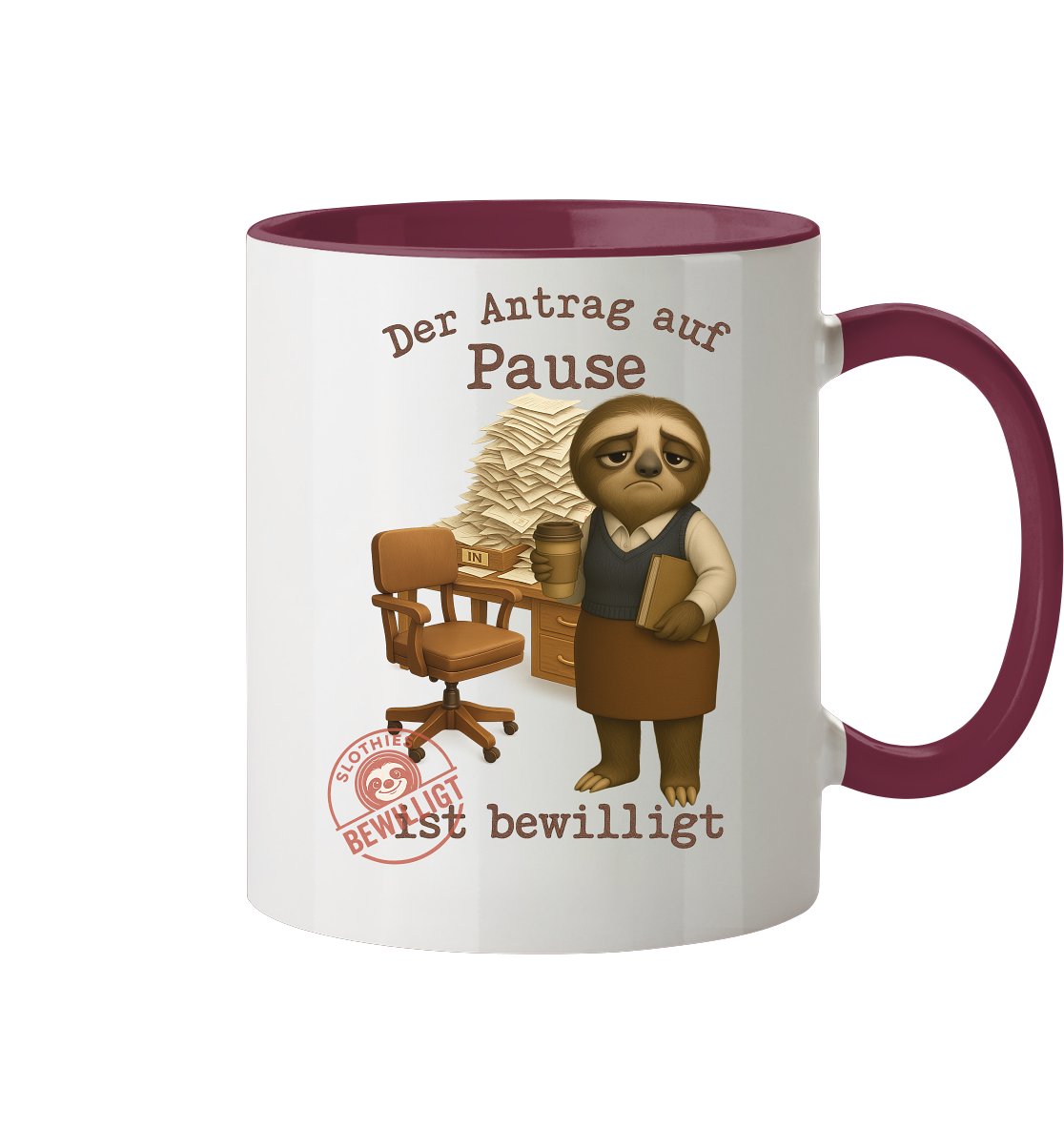 Slothies - „Antrag auf Pause – Bewilligt“ - Frau | Faultier-Design für Bürohelden & Beamte - Tasse zweifarbig