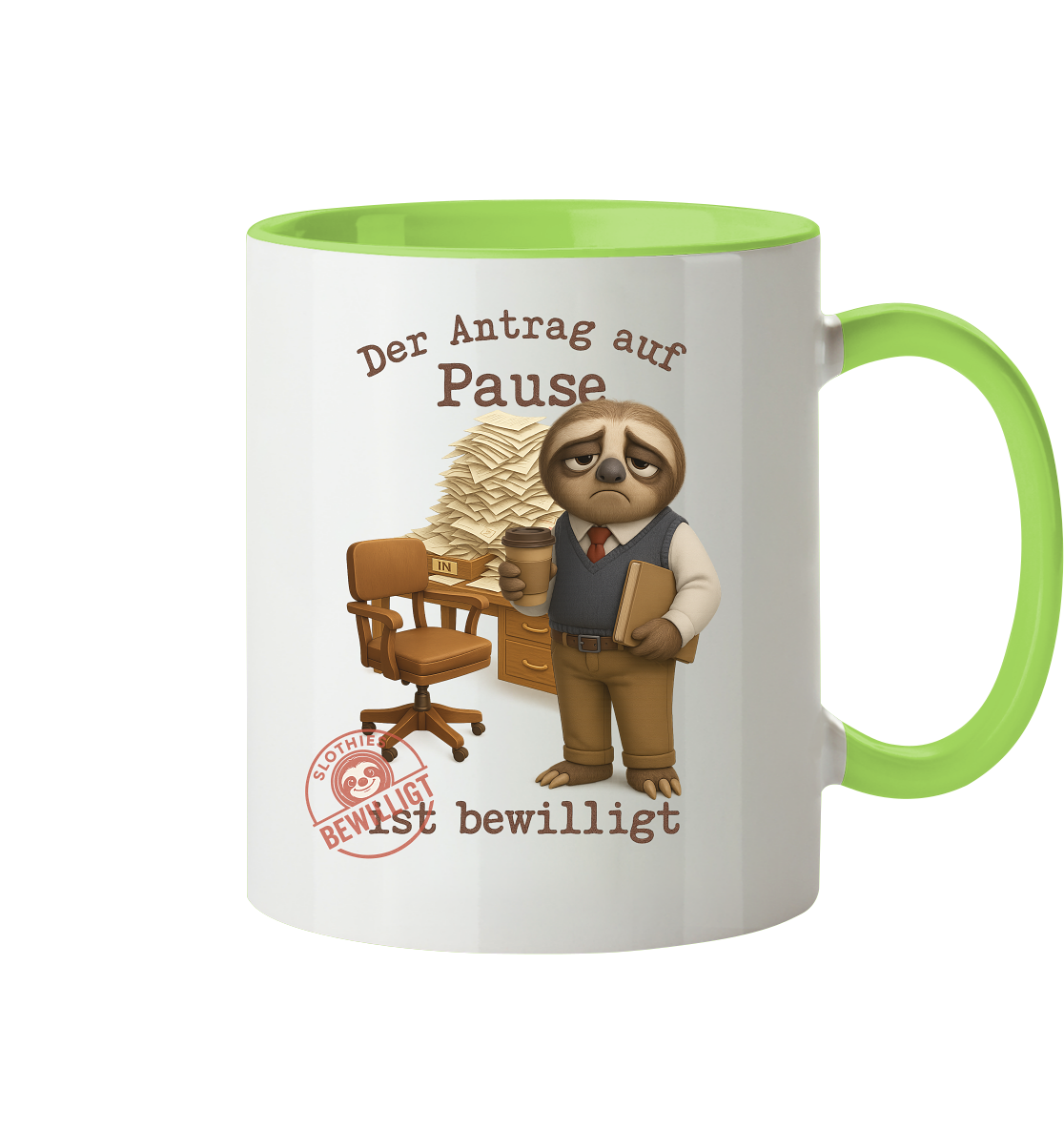 Slothies - „Antrag auf Pause – Bewilligt“ - Herr | Faultier-Design für Bürohelden & Beamte - Tasse zweifarbig
