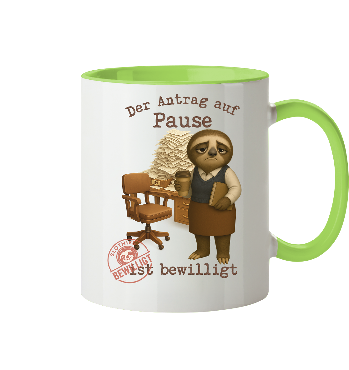 Slothies - „Antrag auf Pause – Bewilligt“ - Frau | Faultier-Design für Bürohelden & Beamte - Tasse zweifarbig