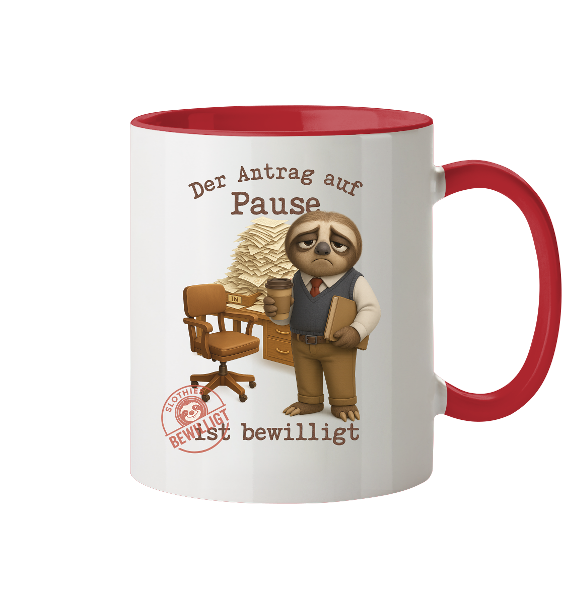 Slothies - „Antrag auf Pause – Bewilligt“ - Herr | Faultier-Design für Bürohelden & Beamte - Tasse zweifarbig