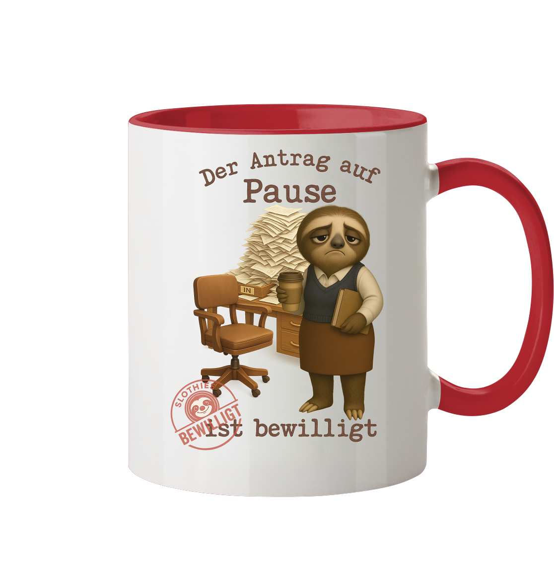 Slothies - „Antrag auf Pause – Bewilligt“ - Frau | Faultier-Design für Bürohelden & Beamte - Tasse zweifarbig