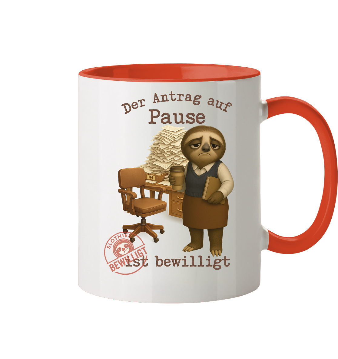 Slothies - „Antrag auf Pause – Bewilligt“ - Frau | Faultier-Design für Bürohelden & Beamte - Tasse zweifarbig