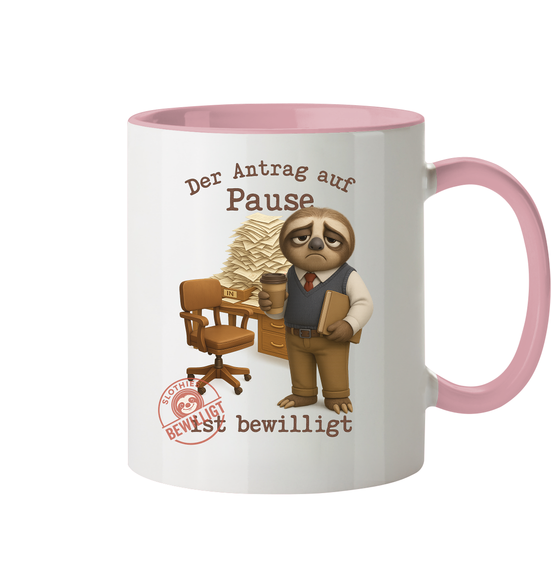 Slothies - „Antrag auf Pause – Bewilligt“ - Herr | Faultier-Design für Bürohelden & Beamte - Tasse zweifarbig