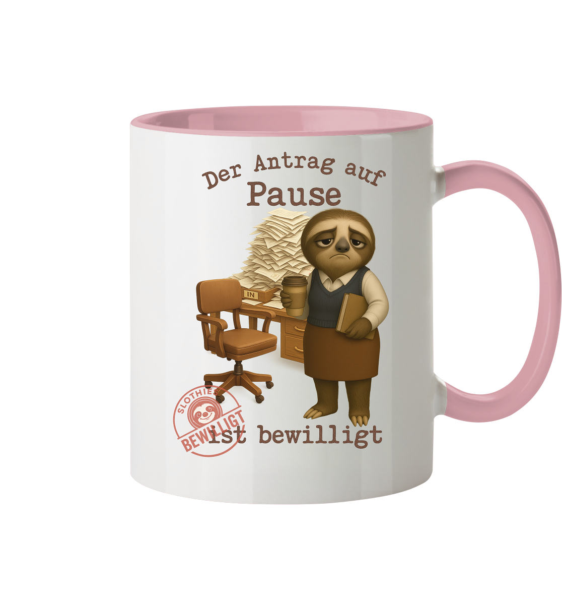 Slothies - „Antrag auf Pause – Bewilligt“ - Frau | Faultier-Design für Bürohelden & Beamte - Tasse zweifarbig