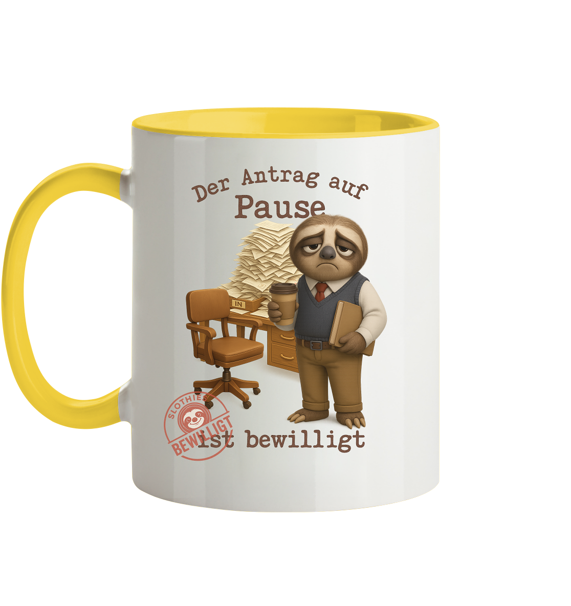 Slothies - „Antrag auf Pause – Bewilligt“ - Herr | Faultier-Design für Bürohelden & Beamte - Tasse zweifarbig