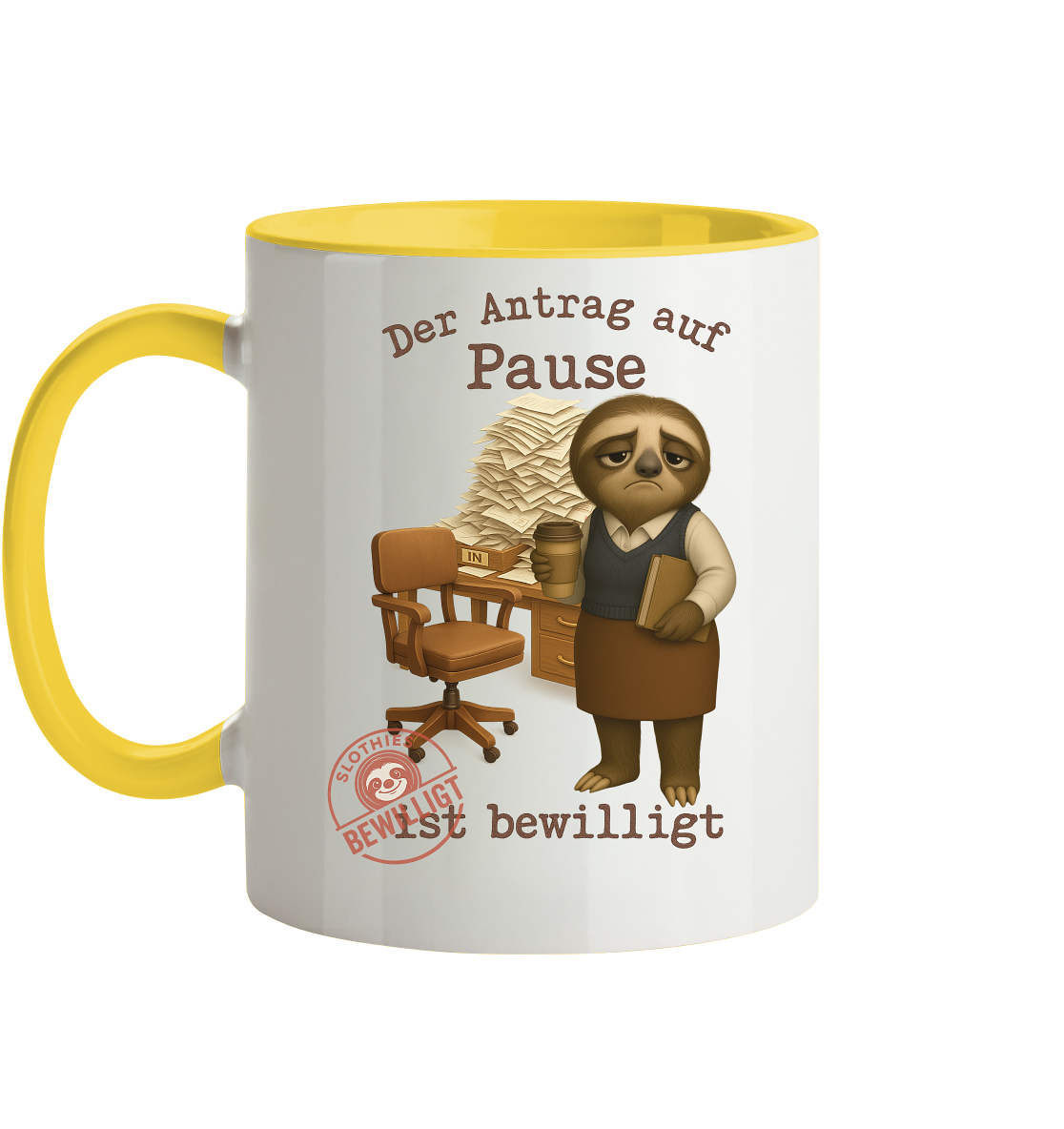 Slothies - „Antrag auf Pause – Bewilligt“ - Frau | Faultier-Design für Bürohelden & Beamte - Tasse zweifarbig
