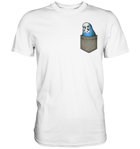 Peekaboo Pocket Bird – Lustiger Wellensittich im Hosentaschen-Style Blau - Premium Shirt