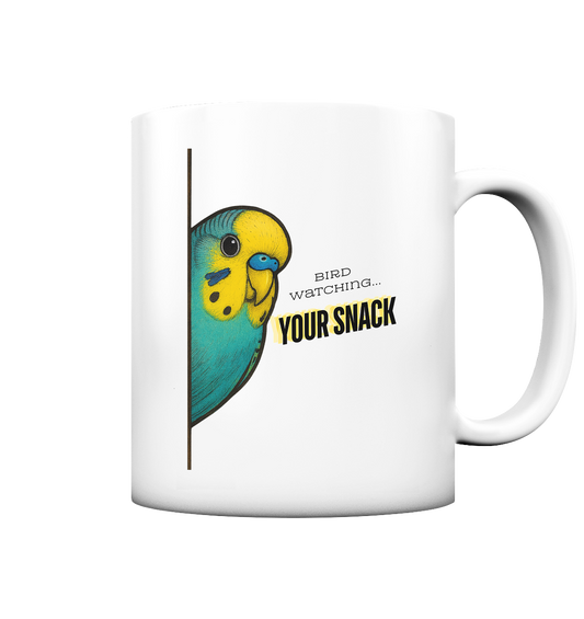 Bird Watching… YOUR SNACK – Wellensittich Tasse Gelb-Grün - Tasse matt