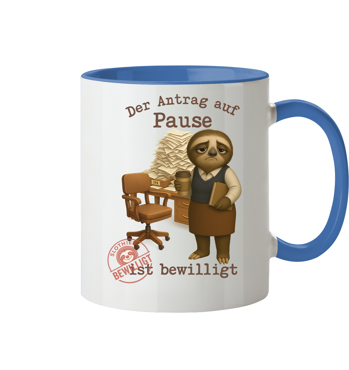 Slothies - „Antrag auf Pause – Bewilligt“ - Frau | Faultier-Design für Bürohelden & Beamte - Tasse zweifarbig