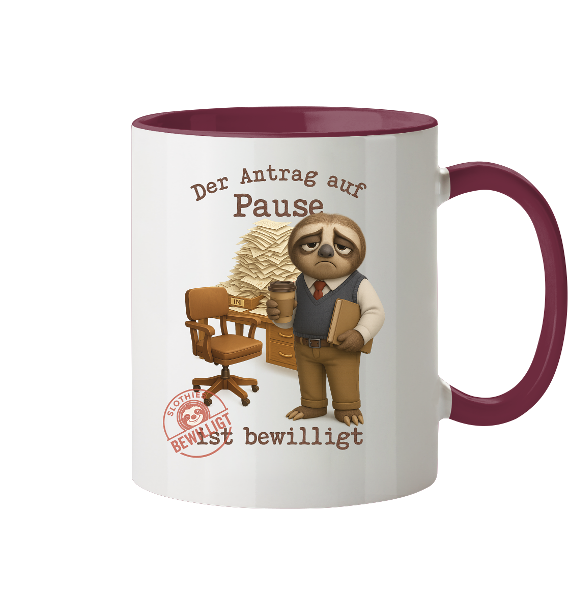 Slothies - „Antrag auf Pause – Bewilligt“ - Herr | Faultier-Design für Bürohelden & Beamte - Tasse zweifarbig